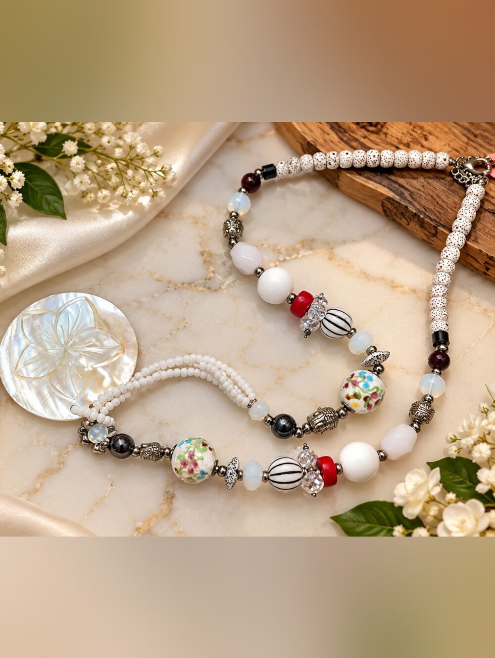 Statement Mother of Pearl Pendant Mixed Bead Necklace 32"